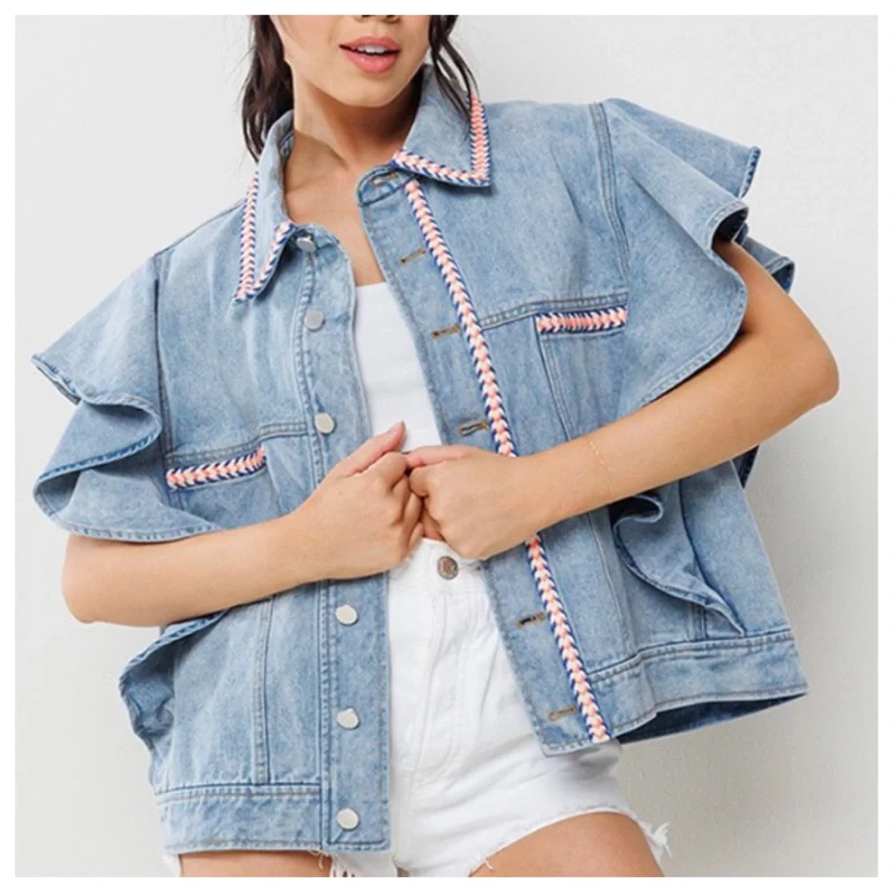 30 Boho Denim Big Ruffle Sleeve Vest Jacket - Picture 7 of 7